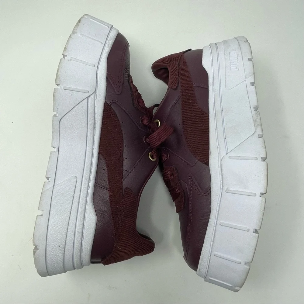 Puma Platform Sneakers Vegan Leather Lace Up Burgundy White Sz. 7 - Picture 5 of 8